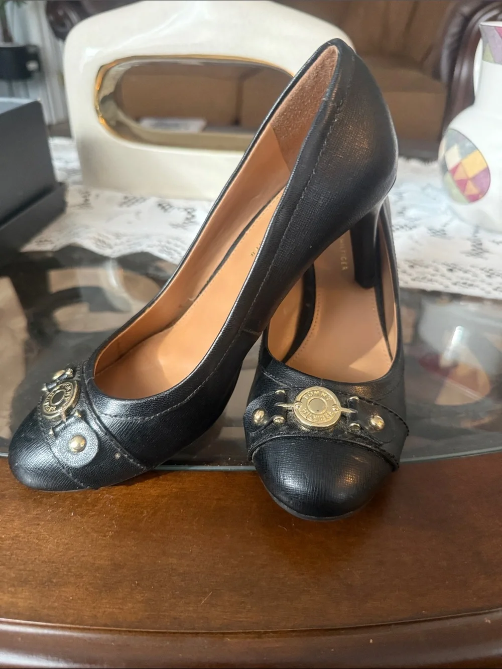 Tommy Hilfiger Black Leather Pumps with Gold Emblem